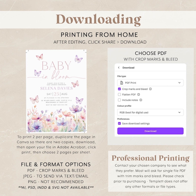 Baby in Bloom Invitation, Wildflowers Baby Shower Invitation, Purple Pink Flower Invitation, Wild Flower Invite, Floral Invite Butterflies image 6