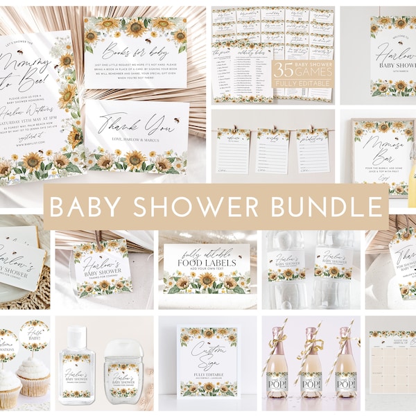 Bee Baby Shower Invitation Bundle, Printable Sunflower Baby Shower Invitation and Editable Games, Baby Shower Decorations, Mommy to Bee Baby