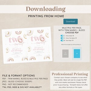 May include: Printable invitation for a second birthday party. The invitation features a pink and white donut design with the text "two sweet" and "Harper's 2nd Birthday".