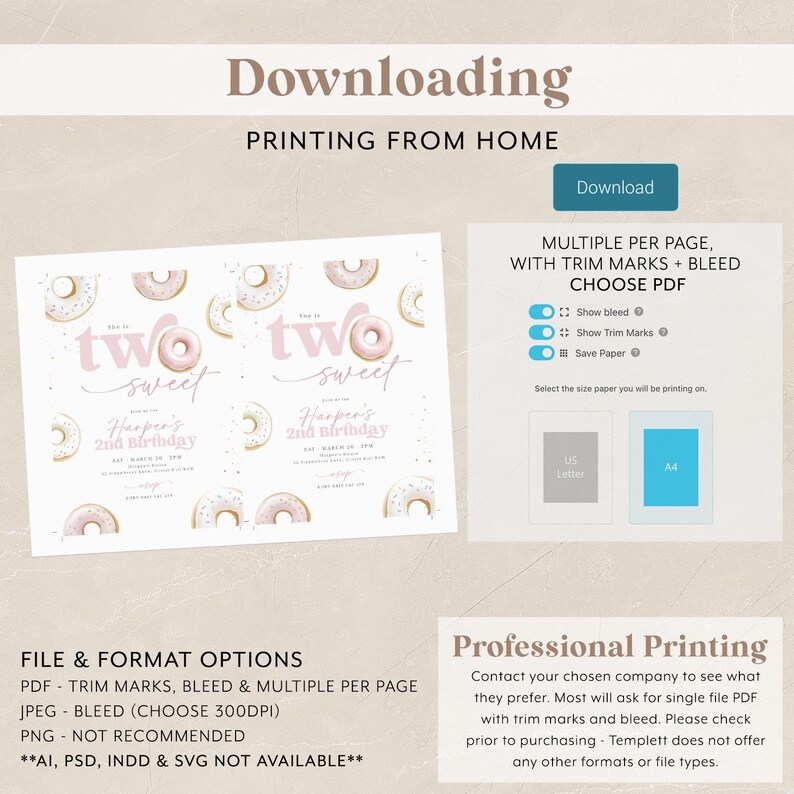 May include: Printable invitation for a second birthday party. The invitation features a pink and white donut design with the text "two sweet" and "Harper's 2nd Birthday".