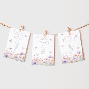 Butterfly Table Numbers, Bridal Shower Table Numbers, Floral Table Number Template Printable, Lifetime of Butterflies Seating Cards Purple