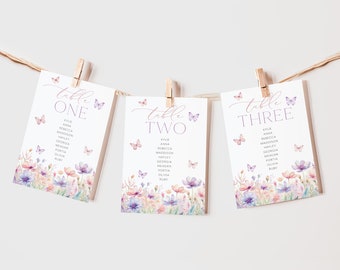 Butterfly Table Numbers, Bridal Shower Table Numbers, Floral Table Number Template Printable, Lifetime of Butterflies Seating Cards Purple