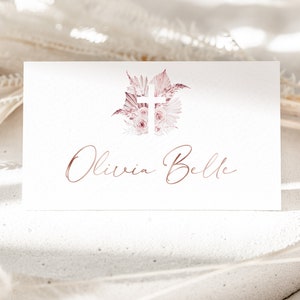 Modelo de cartão de lugar de batizado, cartões de lugar para impressão, cartões de lugar de batismo, cartões de lugar boho rosa, cartão de lugar cruz boho batismo ouro rosa