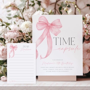 Bow Time Capsule Sign, Pink Bow 1st Birthday Time Capsule, Time Capsule Template, Girls Bow 1st Birthday Decorations Pink, Girl Birthday