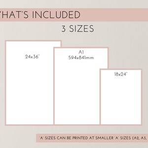 Pu&ograve; includere: Illustrazione di tre diverse dimensioni di stampe disponibili per l'acquisto. Le dimensioni sono 24x36 pollici, A1 (594x841 mm) e 18x24 pollici. Il testo 'A' sizes can be printed at smaller 'A' sizes (A2, A3, A4 etc.) &egrave; incluso.