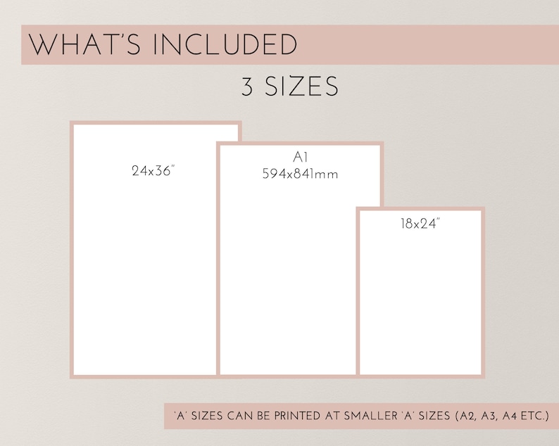 Pu&ograve; includere: Illustrazione di tre diverse dimensioni di stampe disponibili per l'acquisto. Le dimensioni sono 24x36 pollici, A1 (594x841 mm) e 18x24 pollici. Il testo 'A' sizes can be printed at smaller 'A' sizes (A2, A3, A4 etc.) &egrave; incluso.