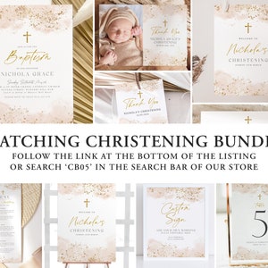 May include: A set of printable christening signs with a gold and blush watercolor background. The signs include a welcome sign, a thank you sign, a table number sign, a menu sign, and a custom sign. The text on the signs reads "Welcome to Nicholas' Christening", "Thank You", "Table 5", "Menu", and "Custom Sign".