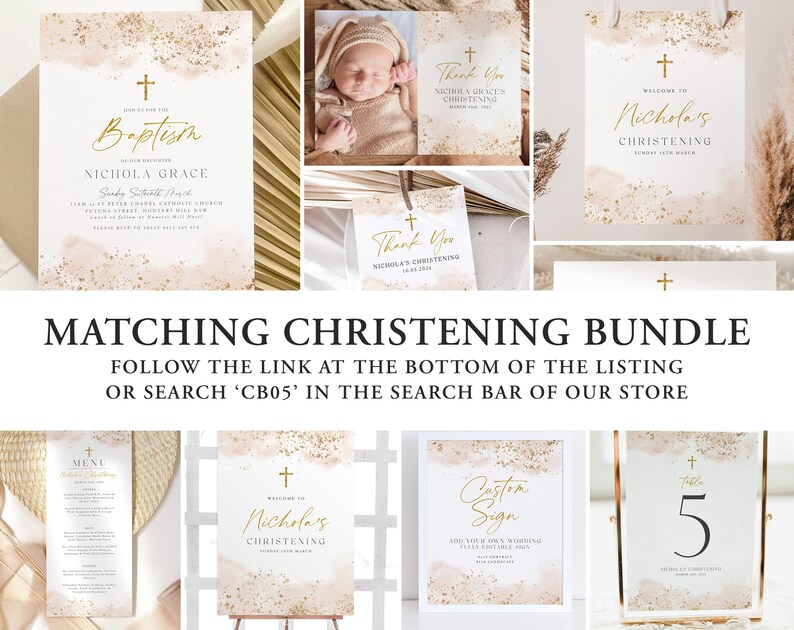 May include: A set of printable christening signs with a gold and blush watercolor background. The signs include a welcome sign, a thank you sign, a table number sign, a menu sign, and a custom sign. The text on the signs reads "Welcome to Nicholas' Christening", "Thank You", "Table 5", "Menu", and "Custom Sign".