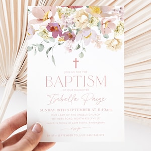 Floral Baptism Invitation, Pink Floral Christening Invitation Template, Girls Christening Invitation, Flower Printable Baptismal Invite