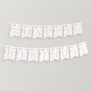Può includere: Uno striscione rosa e bianco a tema marino. Lo striscione dice "Happy Birthday" con una bandiera separata che dice "Camila One". Le bandiere hanno uno sfondo bianco con illustrazioni ad acquerello rosa, viola e blu di balene, meduse e polpi.