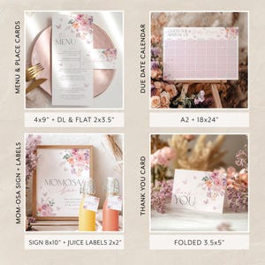 Pu&ograve; includere: Un set di decorazioni per baby shower stampabili con un design floreale con farfalle. Il set include un menu, segnaposto, un calendario della data di scadenza, un cartello, etichette per succo e biglietti di ringraziamento. I colori sono rosa, viola e verde.