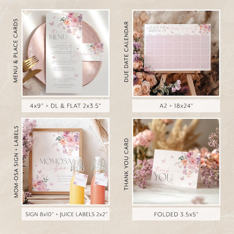 Pu&ograve; includere: Un set di decorazioni per baby shower stampabili con un design floreale con farfalle. Il set include un menu, segnaposto, un calendario della data di scadenza, un cartello, etichette per succo e biglietti di ringraziamento. I colori sono rosa, viola e verde.