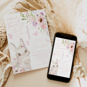 May include: A birthday invitation with a bunny illustration and the text "Some bunny is 1". The invitation features floral and butterfly accents in shades of pink and purple. A smartphone displays the same design.