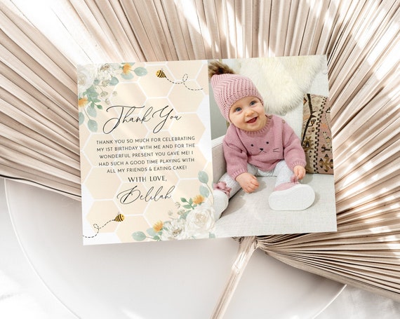 Bee Thank You Card Template, Printable Thank You Card, Thank You Card Editable, First Bee Day Thank You Card, Bee 1st Birthday Thank You