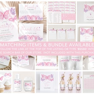 Op de afbeelding: Een set met printbare babyshowerdecoraties met een aquarel-vlinderontwerp in roze en paarse tinten. De set bevat uitnodigingen, bedankkaartjes, voedseletiketten, spelletjes en meer. De tekst "A Little Butterfly Is On The Way" staat op de uitnodiging.