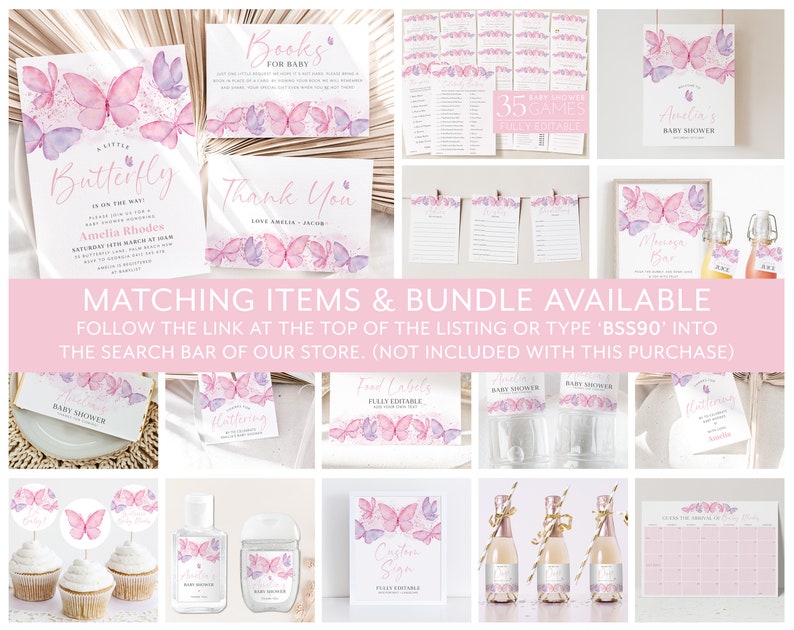 Op de afbeelding: Een set met printbare babyshowerdecoraties met een aquarel-vlinderontwerp in roze en paarse tinten. De set bevat uitnodigingen, bedankkaartjes, voedseletiketten, spelletjes en meer. De tekst "A Little Butterfly Is On The Way" staat op de uitnodiging.