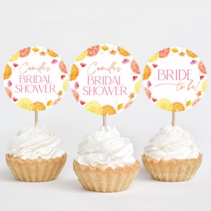 Citrus Cupcake Toppers, Main Squeeze Bridal Shower Cupcake Toppers Printable, Editable Cupcake Toppers, Pink Floral Citrus Bridal Cupcake