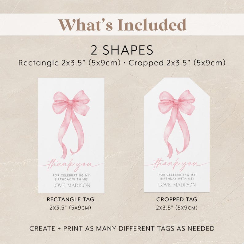 Printable Pink Bow Favor Tags, Pink Bow 1st Birthday Favour Tags, Pink ...