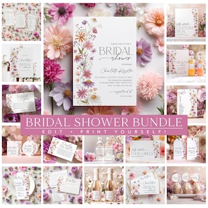 Wildflower Bridal Shower Invitation Bundle, Floral Games, Editable Printable Bundle