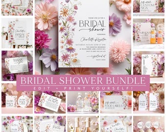 Wildflower Bridal Shower Invitation Bundle, Floral Games, Editable Printable Bundle