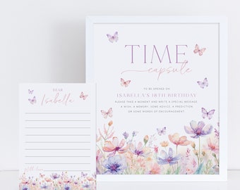 May include: A printable time capsule card with a floral design and butterflies. The card says "Time Capsule" and "To be opened on Isabella's 18th Birthday".