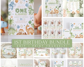Dinosaur 1st Birthday Invitation Bundle, Dinosaur Birthday Invite, 1st Birthday Boy, Dino Party Decorations Printable, Dino Birthday Boy