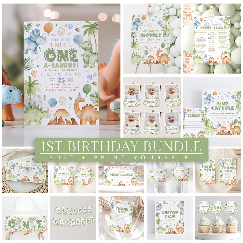 May include: A printable 1st birthday party bundle featuring a dinosaur theme. The bundle includes invitations, food labels, thank you cards, a time capsule, a welcome sign, a custom sign, cupcake toppers, and a banner. The designs feature green, blue, and brown dinosaurs with watercolor accents.