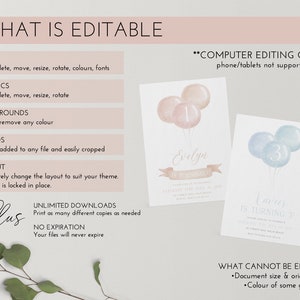 May include: Two birthday party invitation designs. One features a watercolor balloon design with the name "Evelyn" and the number "1". The other invitation has a blue balloon design with the name "Xavier" and the number "3". The text "What is Editable" is at the top.