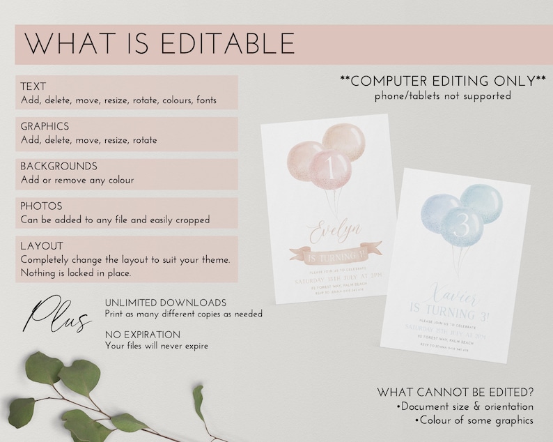 May include: Two birthday party invitation designs. One features a watercolor balloon design with the name "Evelyn" and the number "1". The other invitation has a blue balloon design with the name "Xavier" and the number "3". The text "What is Editable" is at the top.