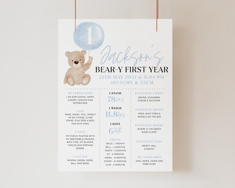 Beary First Birthday Milestone Sign, Bear 1st Birthday Milestone Board ...
