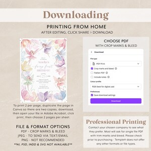 May include: A printable invitation for a fairy-themed first birthday party. The invitation features a watercolor background with fairies and flowers in shades of pink, purple, blue, and yellow. The text on the invitation reads "Amelia's Fairy First Birthday".