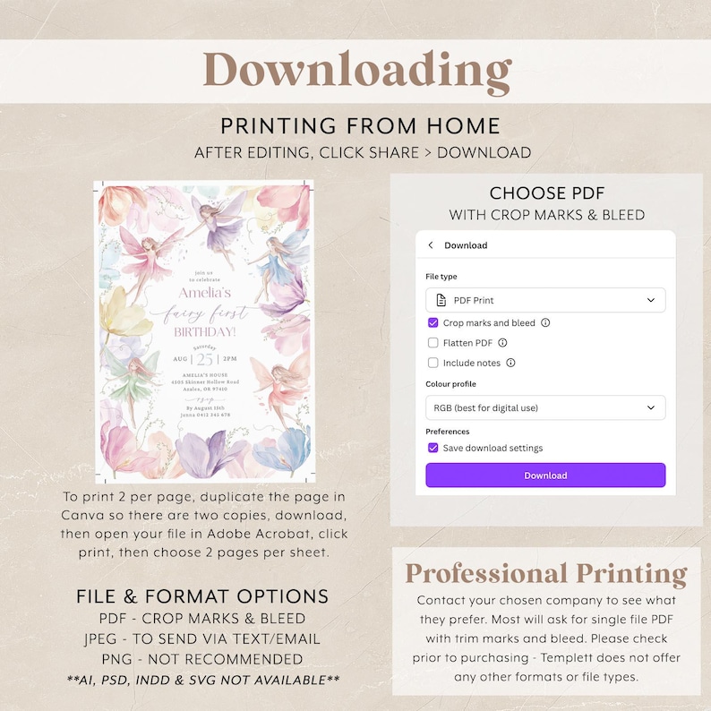 May include: A printable invitation for a fairy-themed first birthday party. The invitation features a watercolor background with fairies and flowers in shades of pink, purple, blue, and yellow. The text on the invitation reads "Amelia's Fairy First Birthday".
