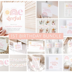 Onederful Birthday Invitation Bundle, Rainbow 1st Birthday Invitation, Rainbow Birthday Party, First Birthday Girl, Sun, Miss Onederful