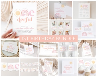 May include: A printable 1st birthday party bundle featuring a rainbow and sun design. The bundle includes invitations, food labels, a time capsule, a banner, cupcake toppers, and a custom sign. The colour scheme is pink, yellow, and white.