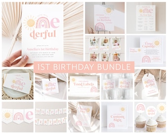 Onederful Birthday Invitation Bundle, Rainbow 1st Birthday Invitation, Rainbow Birthday Party, First Birthday Girl, Sun, Miss Onederful