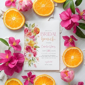 May include: A bridal brunch invitation with floral and citrus elements. The invitation includes the text "BRIDAL brunch" and event details for Camila Davis on August 25th. The design incorporates pink flowers, orange slices, and a pink and white colour scheme.