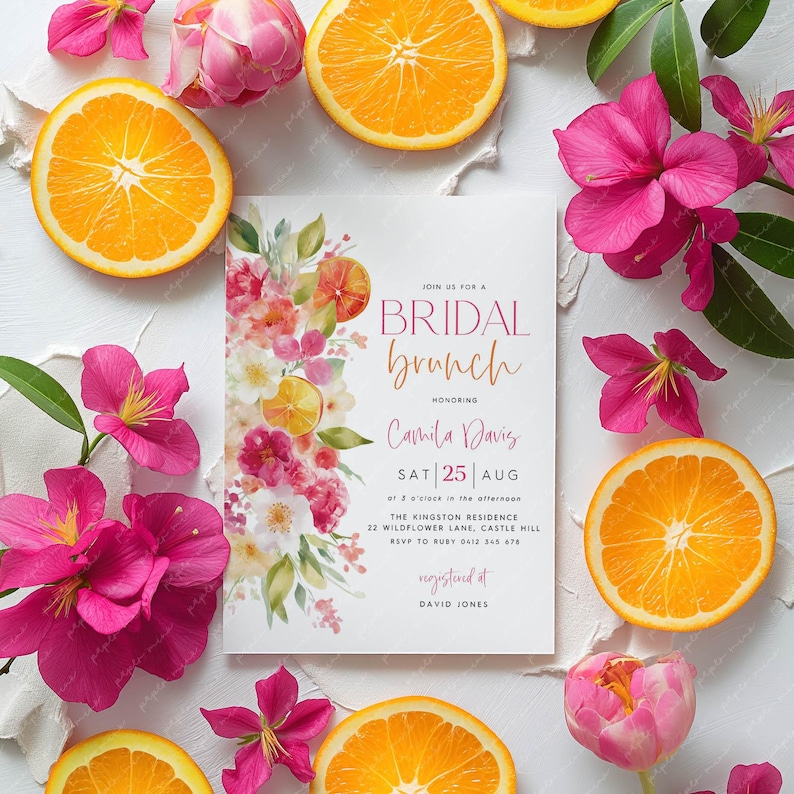 May include: A bridal brunch invitation with floral and citrus elements. The invitation includes the text "BRIDAL brunch" and event details for Camila Davis on August 25th. The design incorporates pink flowers, orange slices, and a pink and white colour scheme.