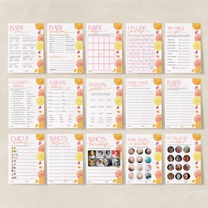 May include: A set of 10 printable baby shower game cards featuring a citrus theme with orange and lemon slices. The games include "Baby Trivia", "Baby Predictions", "Find the Good Time", "The Price is Right", "Celebrity Babies", "Animal Babies", "Animal Gestation", "Baby Name Race", "Baby Terms", "Emoji Pictionary", "Who's That Guest", "Who's That Celebrity", "Baby Bump or Dad Bod?", and "Gettin' Lucky or Labor?"