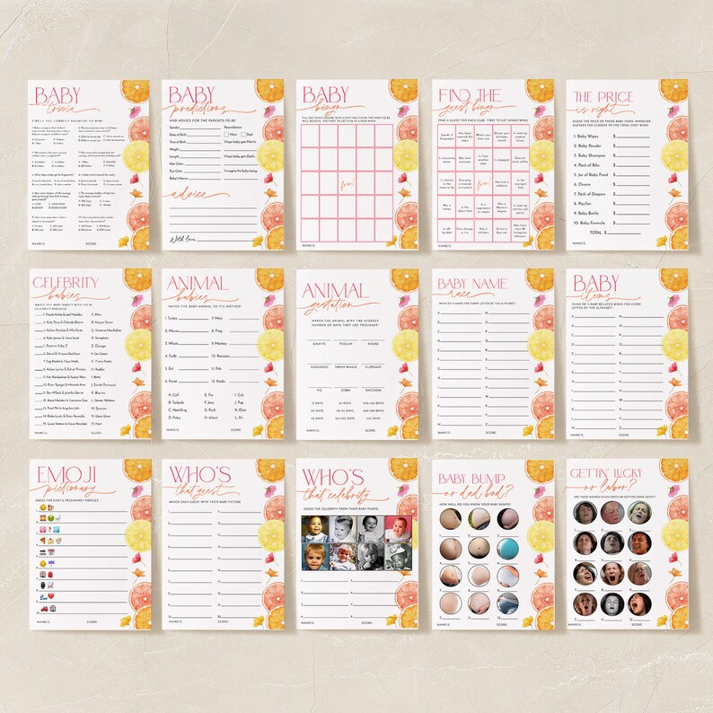 May include: A set of 10 printable baby shower game cards featuring a citrus theme with orange and lemon slices. The games include "Baby Trivia", "Baby Predictions", "Find the Good Time", "The Price is Right", "Celebrity Babies", "Animal Babies", "Animal Gestation", "Baby Name Race", "Baby Terms", "Emoji Pictionary", "Who's That Guest", "Who's That Celebrity", "Baby Bump or Dad Bod?", and "Gettin' Lucky or Labor?"