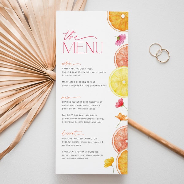 Citrus Menu Template, Printable Bridal Shower Menu, Lemon Orange Menu, Editable Menu, Main Squeeze Bridal Menu Printable Pink Orange Yellow