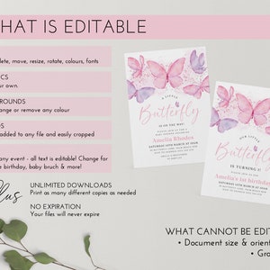 Op de afbeelding: Bewerkbare, afdrukbare uitnodigingstemplate met een aquarel-vlinderontwerp in roze en paarse tinten. De tekst luidt "Onze kleine vlinder wordt 1!" en "Amelia's 1e verjaardag!" met een datum en tijd voor het evenement.
