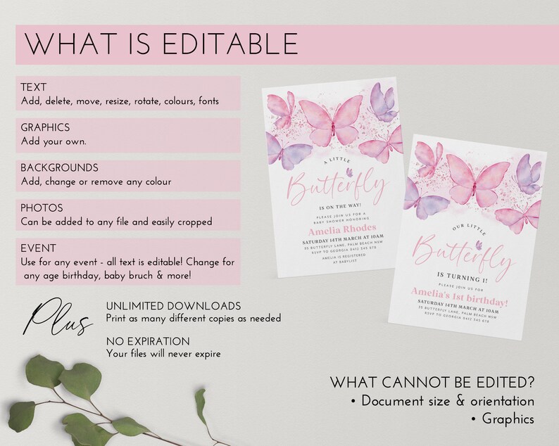 Op de afbeelding: Bewerkbare, afdrukbare uitnodigingstemplate met een aquarel-vlinderontwerp in roze en paarse tinten. De tekst luidt "Onze kleine vlinder wordt 1!" en "Amelia's 1e verjaardag!" met een datum en tijd voor het evenement.