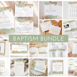 Baptism Invitation Bundle, Christening Invitation Bundle, Sage Green and Gold Christening, Editable Bundle, Boys Baptism, Baptism Decoration