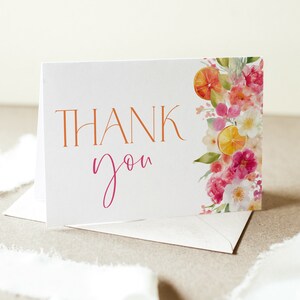 Citrus Thank You Card Template, Printable Thank You Card, Bright Floral Citrus Baby Shower Thank You Card, Oranges Citrus Flowers Pink Card