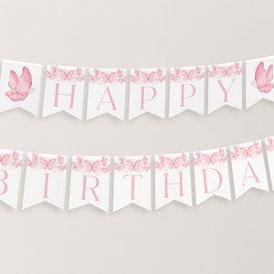 Butterfly Birthday Banner, Happy Birthday Banner Printable, 1st Birthday Decor, Pink Butterfly Birthday Banner Editable, Happy Birthday Pink