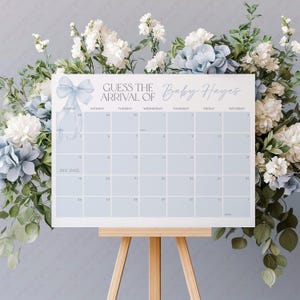 Blue Bow Baby Shower Due Date Calendar, Birth Date Sign, Baby Arrival Sign Printable, Blue Bow Baby Shower, Bow Due Date Sign Baby Shower
