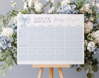 Blue Bow Baby Shower Due Date Calendar, Birth Date Sign, Baby Arrival Sign Printable, Blue Bow Baby Shower, Bow Due Date Sign Baby Shower