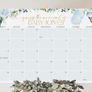 Calendrier garçon, date d'accouchement bleu, date d'arrivée prévue, date d'arrivée prévue, date d'échéance, douche de bébé imprimable modifiable