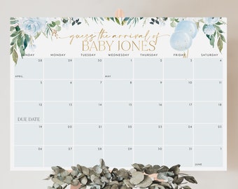 Baby Shower Due Date Calendar Boy, Blue Baby Birth Date Sign, Guess the Arrival Date Sign, Due Date Sign, Editable Printable Baby Shower