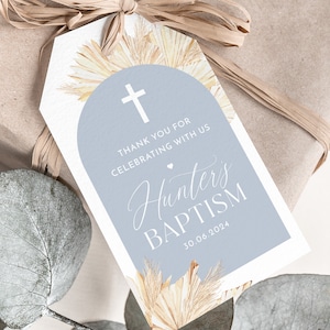 Blue Boys Baptism Favour Tags, Editable Tags, Christening Favor Tags, Boho Favour Tags, Blue Thank You Tag, Baptism Gift Tags Rectangle Tag